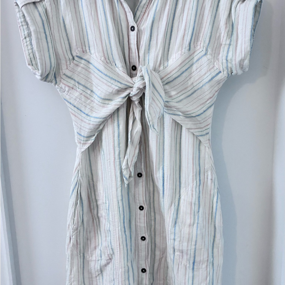 Anthropologie Maeve White Dress with Subtle Multicolor Trim and twist tie bodice